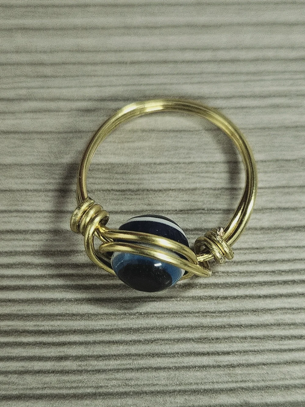 Handcrafted Gold Wire Ring with Dark Blue Evil Eye Stone Size 7